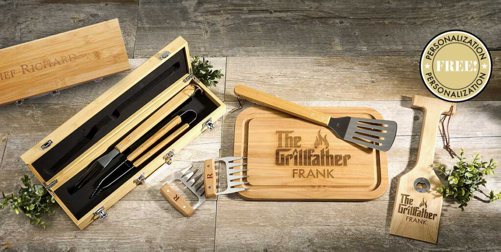 Personalized Cutting Board, Grill Scrapper with Built-in Bottle Opener, Meat Claws, and Bamboo BBQ Set at Lillian Vernon