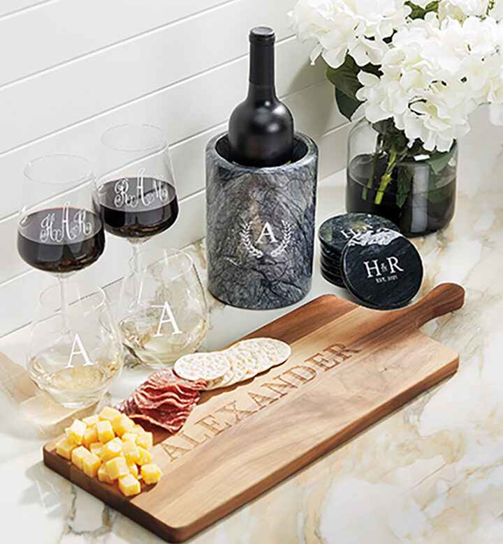 Personalized wine glasses, stemless wine glasses, wine chiller, and charcuterie boards at Lillian Vernon