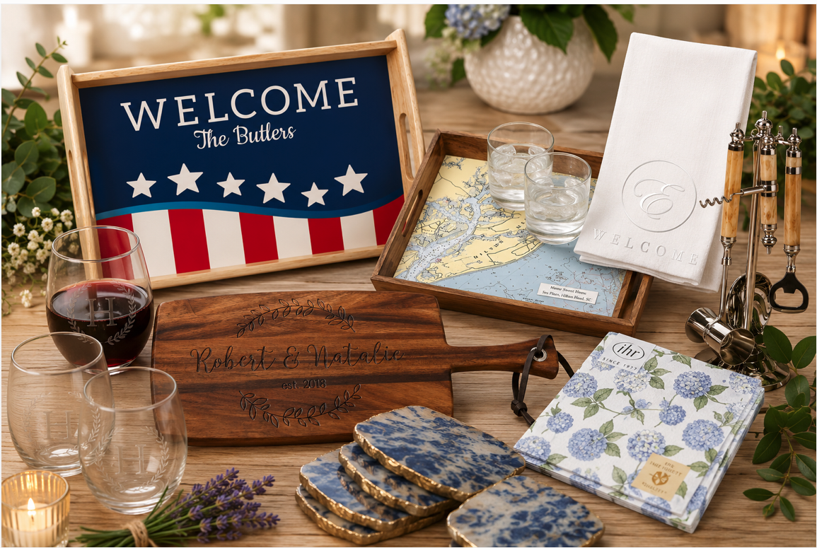 Hostess gift guide featuring personalized serving trays, cutting boards, engraved wine glasses, entertaining accessories, and home décor.