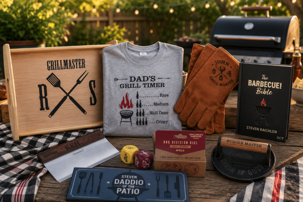 Personalized serving board, grilling gloves, grilling tools, graphic tees, and backyard BBQ gifts at Lillian Vernon