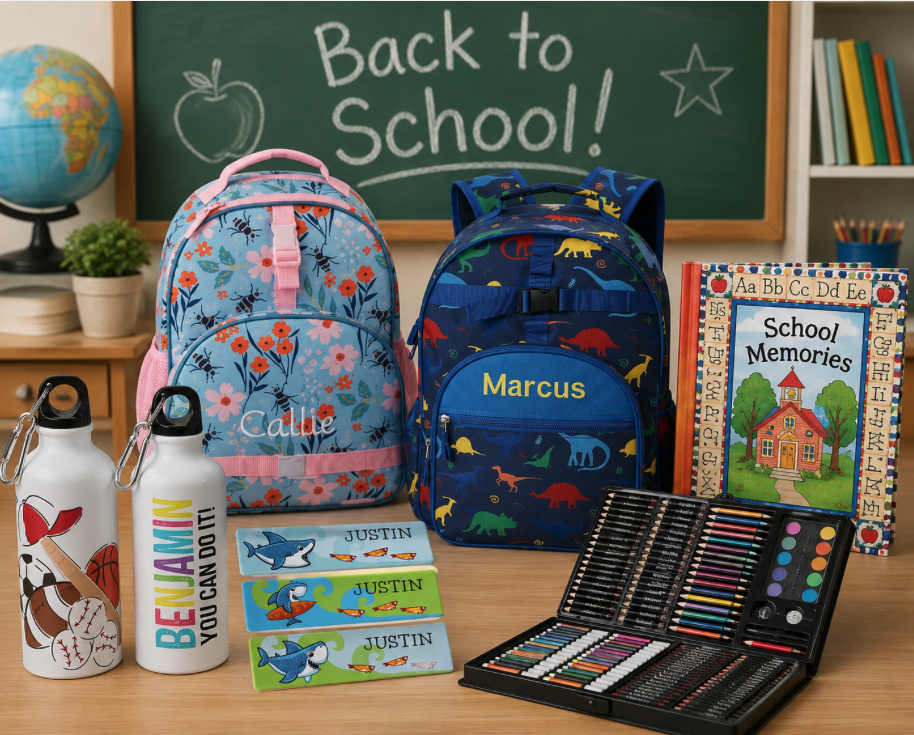 Back to school gear, backpacks, art set, water bottles, stickers, and a school memory book