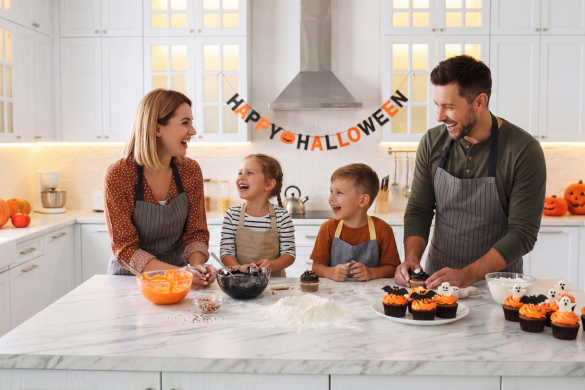 Family baking Halloween cupcakes in kitchen